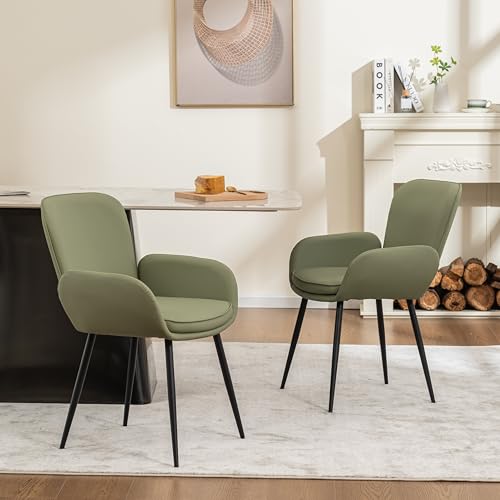 VKNOW Modern Faux Leather Dining Chairs Set of 2 with Armrest, Green | Armed Dining Room Chairs with Metal Legs, Kitchen Chairs for Restaurant Kitchen Living Room - color: Green-leather, size: Set of 2