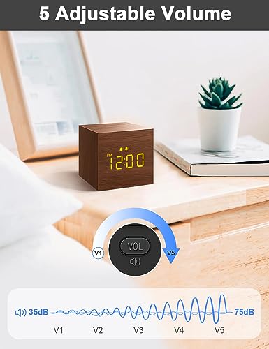 Digital Alarm Clock, with Wooden Electronic LED Time Display, 3 Alarm, 2.5-inch Cubic Small Mini Wood Made Electric Clocks for Bedroom, Bedside, Desk, Brown