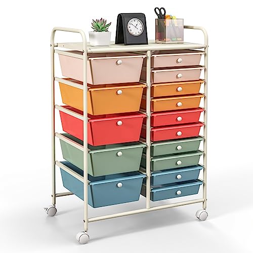 GOFLAME 15-Drawer Rolling Storage Cart, Craft Storage Cart with Removable Drawers & Lockable Wheels, Art Cart Supply Storage Organizer for Home Office Classroom, Macaron Color - color: Macaron Color, size: 15 drawer-25"x14.5"x34.5"