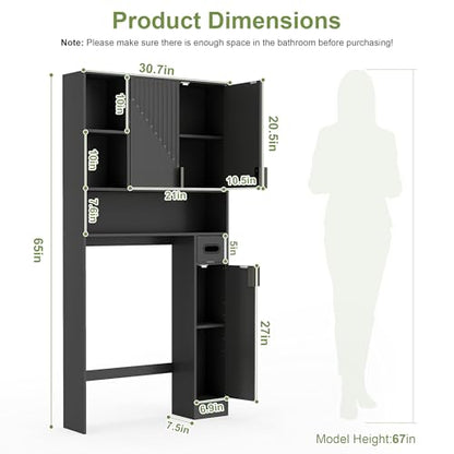 GOODONE Black Over The Toilet Storage Cabinet - with 3 Doors and Toilet Paper Holder Stand, FreeStanding, for Bathroom, Restroom, Laundry - color: Black