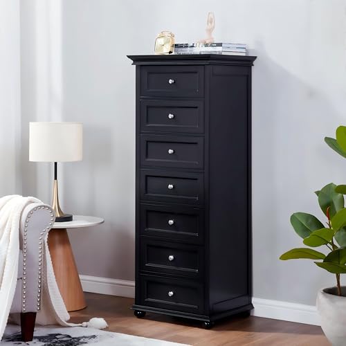Tall Black Dresser for Bedroom with 7 Drawers, 52" Tall Skinny Dresser | Modern Black Tall Chest of Drawers Dresser，Wooden Lingerie Dresser Tall Narrow，Crown Molding and Solid Wood Ball Legs - color: Black