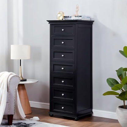 Tall Black Dresser for Bedroom with 7 Drawers, 52" Tall Skinny Dresser | Modern Black Tall Chest of Drawers Dresser，Wooden Lingerie Dresser Tall Narrow，Crown Molding and Solid Wood Ball Legs - color: Black