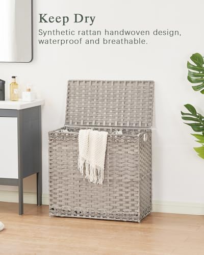 SETVSON Laundry Hamper with Lid Laundry Basket 132 L PE Rattan, Gray | 35 Gal PE Rattan Hamper with Lid, 4 Removable Washable Liners, 6 Mesh Laundry Bags, Steel Frame, Side Handles - color: Grey, size: 35.0 Gal