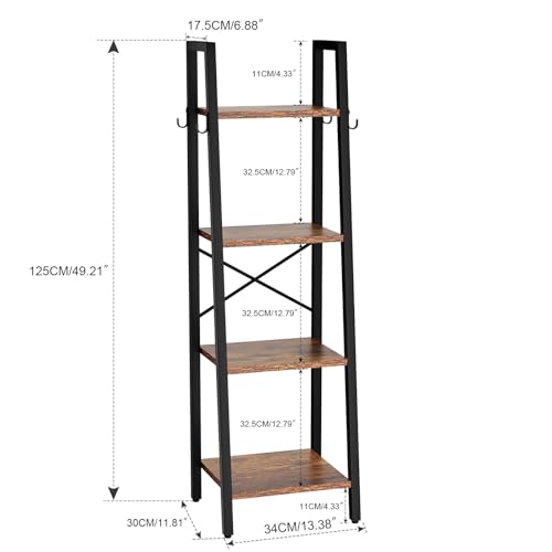 YMYNY 4 Tiers Ladder Bookcase, Industrial Narrow Bookshelf, Open Display Rack with 4 S Hooks, Metal Storage Shelves for Bedroom, Home Office, Living Room, Rustic Brown, 49.2H*13.4L*11.8W, UHBC024H - color: Rustic Brown, size: 4 Tiers