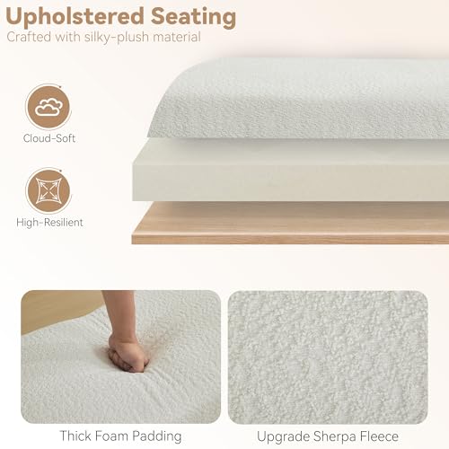 Upholstered Entryway Bench, 58.7" Modern Bedroom Bench, White | Sherpa Fleece, Curved Armrests, Solid Wood Frame, End of Bed, Bedroom, Living Room, Hallway - color: White-sherpa, size: 58.7"