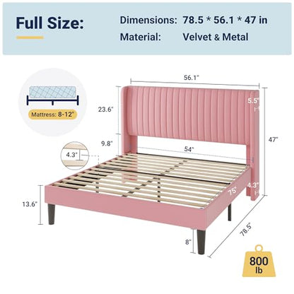 Allewie Full Size Velvet Bed Frame/Vertical Channel Tufted Wingback Headboard/Upholstered Platform Bed/Strong Wooden Slats/No Box Spring Needed/Easy Assembly/Pink - color: Pink, size: Full