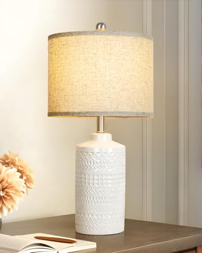 JUNNAI White Ceramic Table Lamp with Beige Shade: 3-Way Dimmable Night Stand Light Lamp 24.5" Modern Table Lamps for Living Room Bedroom End Table Office Entryway Lamps (Bulb Included - color: Beige Lampshade