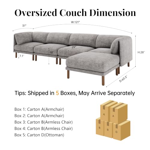 Cloud Sectional Couches for Living Room,Modular Sectional Sofa,Grey | L-Shaped Extra Deep 5 Seater,Mid Century Modern Oversized Sectional Couches With Solid Wood Leg,Large Sofa for Big Space - color: Grey, size: 5 Seats L-Shaped Sofa