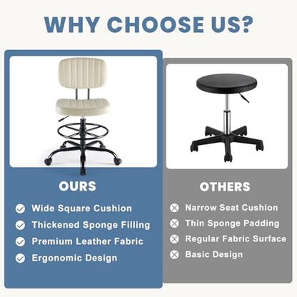 DUMOS Armless Drafting Chair, Standing Desk Chair, Rolling Stool | Ergonomic Low Back Office Seat, Height Adjustable with Footrest Ring, PU Leather, Swivel Wheels, Studio Lab Counter, Beige - color: Beige
