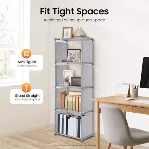 4-Tier Small Narrow Bookcase,Skinny Bookshelf for Small Space,Stable Floor Standing Shelf Storage Organizer, 15.74x11.02x49.21 Inch,Each Layer Holds 17.6 lbs,Grey,Waterproof Non-Woven