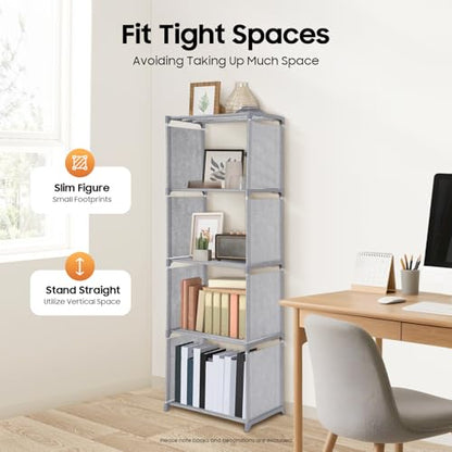 4-Tier Small Narrow Bookcase,Skinny Bookshelf for Small Space,Stable Floor Standing Shelf Storage Organizer, 15.74x11.02x49.21 Inch,Each Layer Holds 17.6 lbs,Grey,Waterproof Non-Woven