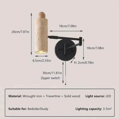 Modern Travertine Stone Wall Sconce, Adjustable Swing Arm Wall Lamp, Black Metal Base Pull Chain Switch Bedside Reading Spotlight for Bedroom Study Room Bedside - color: Natural