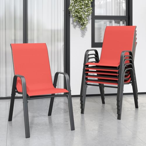 Red Patio Chairs Set of 6, Stackable Outdoor Dining Chairs for All Weather Textilene Fabric & Metal Frame, Outdoor Chairs Set for Backyard Deck Garden - color: Red, size: Set of 6