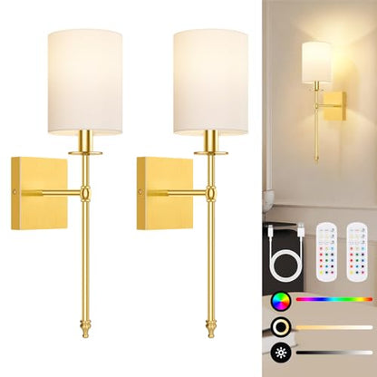 19.9 Inch Wall Sconces Battery Operated Set of 2, Gold Rechargeable Wireless Wall Sconces Lights with Remote, Not Hardwired Dimmable Wall Lamps with White Fabric Shade for Bedroom, 2 Bulbs Included - color: Gold and White, size: 19.9 inch