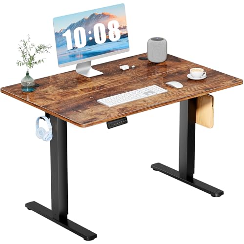 DUMOS 40 Inch Electric Standing Desk, Memory Adjustable Home Office Desk | Sit Stand Up Desk for Work Home Office,Adjustable Desk, Rising Computer Table with Splice Board,Cable Management,Hook,Brown - color: Rustic, size: 40-Inch