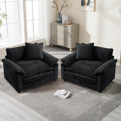 Modern Oversized Chair Set of 2, Comfy Chenille Accent Chair Large Upholstered Armchair with Extra Thick and Deep Seat Lounge Chair for Living Room,Bedroom,Apartment (Black) - color: Black, size: 2