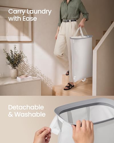 SONGMICS Laundry Basket with Lid, 42.2 Gallons, 2-Compartment Laundry Hamper with Handle and Pedal, Removable Liner, Easy Assembly, 22 x 18.5 x 29.5 Inches, Dove Gray ULCB832G101 - color: Dove Gray