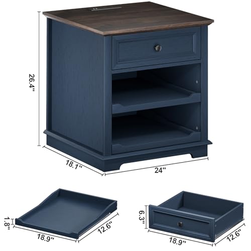Lateral File Cabinet 3 Drawer File Cabinet with Charging Station, Printer Stand with Open Adjustable Storage Shelves, Lateral Filing Cabinet for Home Office, Blue - color: Blue