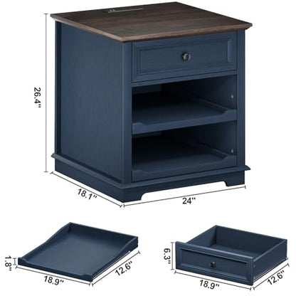 Lateral File Cabinet 3 Drawer File Cabinet with Charging Station, Printer Stand with Open Adjustable Storage Shelves, Lateral Filing Cabinet for Home Office, Blue - color: Blue