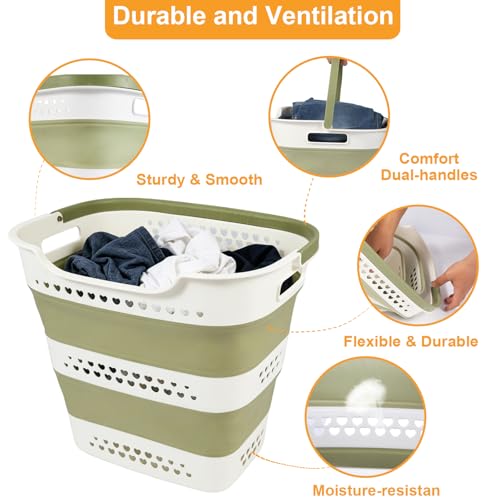 2 Pcs 42L/11.2 Gal Collapsible Laundry Basket - Foldable Plastic Pop Up Hamper with Handles, Space-Saving Storage Organizer for Wet & Dry Clothes, Ideal for Home, Dorm and Apartment Use Green - style: 42L-2green