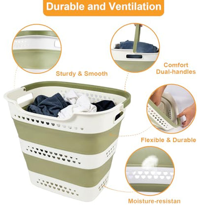 2 Pcs 42L/11.2 Gal Collapsible Laundry Basket - Foldable Plastic Pop Up Hamper with Handles, Space-Saving Storage Organizer for Wet & Dry Clothes, Ideal for Home, Dorm and Apartment Use Green - style: 42L-2green