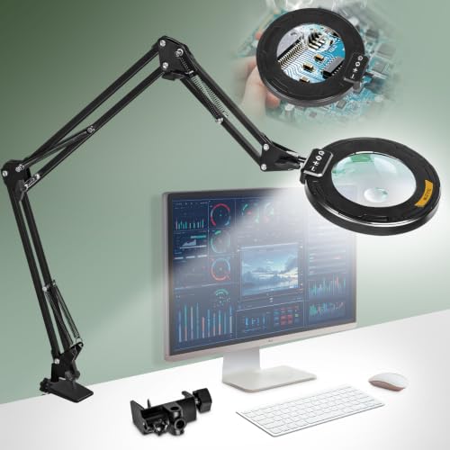 Ultra Long 3-Section Swing Arm 12X 30X Magnifying Glass with Light | 4-Way Large Metal Clamp, 5 Color Modes LEDs, 35.2Inch Lighted Magnifier Lamp for Workbench Crafting Hobby Soldering Reading