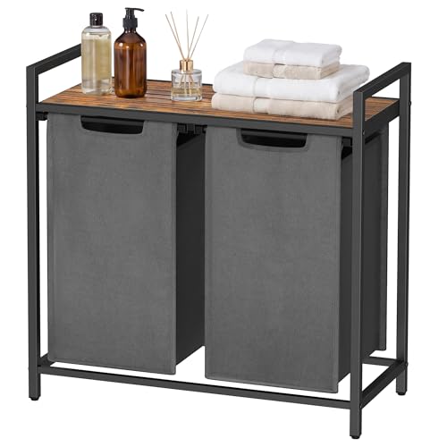 SONGMICS HOME Laundry Basket Sorter with Storage Shelf, Laundry Hamper with Metal Frame, 2 x 12.1 Gallons (46 L), Gray and Rustic Brown - color: Gray + Rustic Brown, size: 2 Bags-92L