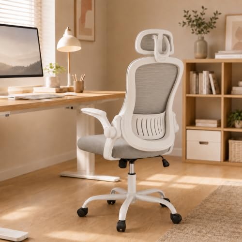 Grey Ergonomic Office Chair, High Back Mesh Desk Chair with Adjustable Headrest Lumbar Support, Computer Chairs with Flip-up Armrests and Thickened Cushion for Adults Home Office, 360° Swivel - color: Grey With Headrest