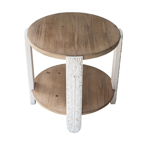 20" Round Side Table with Carved Leg, 2 Tier Storage Shelf | Farmhouse Solid Wood End Table for Living Room, Circle Coffee Table with Open Storage, Easy Assembly, Natural Brown Finish - color: A-20" Brown+white