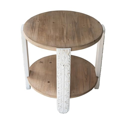 20" Round Side Table with Carved Leg, 2 Tier Storage Shelf | Farmhouse Solid Wood End Table for Living Room, Circle Coffee Table with Open Storage, Easy Assembly, Natural Brown Finish - color: A-20" Brown+white