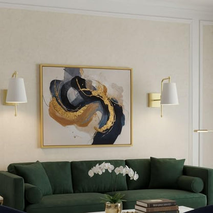 Swing Arm Wall Lamps Set of 2, Fabric Linen Shade, Hardwired Wall Mounted Light Fixture for Bedside, Living Room, Bathroom, Versatile Home Decor (Brushed Gold)