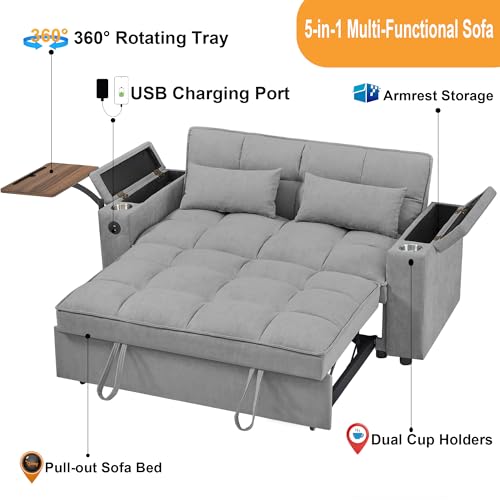 65" 3-in-1 Sofa Bed, Pull Out Sleeper Sofa with 360° Swivel Side Table, Storage Armrests, Cup Holders & USB Charging Ports, Chenille Convertible Couch for Living Room - color: 1107-light Gray-