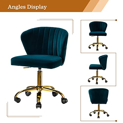 TINA'S HOME Office Desk Chairs with Wheels & Gold Base, Modern Velvet Cute Armless Office Chair, Adjustable Low Back Swivel Rolling Chair, Upholstered Task Chair for Living Room Vanity Study-Teal | Modern Velvet Cute Armless Office Chair, Adjustable Low B