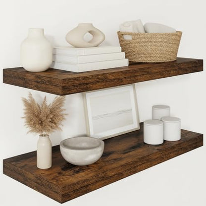 Vivelove 12 Deep Floating Shelves 30x12” Set of 2, Rustic Brown | Easy Install With Hardware, 2" Thick, Invisible Brackets, Wall Mounted, No Sagging, For Any Room - color: Rustic Brown, size: 30”wx12”dx2”h