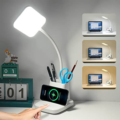 LED Desk Lamp with 10W Wireless Charging & Pen Holder, Snow White | CRI 95, 800LM, Stepless Dimming, 3 Modes, 360°Flexible Arm, Touch, Study Table Lamp for Home Office, Dorm Room, with Adapter - color: Snow White