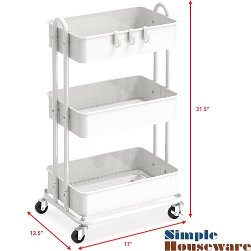 Simple Houseware 3-Tier Heavy Duty Metal Utility Rolling Cart, White - color: White