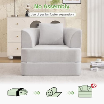 2-in-1 Folding Sofa Bed, Chenille Convertible Single Sleeper Chair Bed, Modern Boneless Foldable Couch, High-Density Foam Lounge Chair for Living Room, Bedroom, No Assembly Required, Light Grey - color: Light Grey