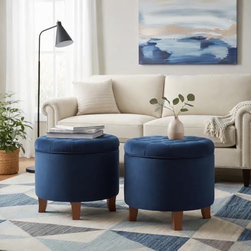 HomePop 19" Velvet Button Tufted Round Storage Ottoman - Navy - color: Navy