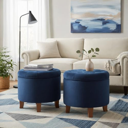 HomePop 19" Velvet Button Tufted Round Storage Ottoman - Navy - color: Navy