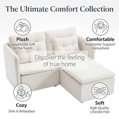 HNY 56.5" Modern Loveseat Sofa, Beige | 2-Seat Button Tufted Love Seat, Deep Seat Chenille Fabric With Pillow, Small Couch for Bedroom, Apartment, Home Furniture - color: Beige, size: 2 Seater-L Shape