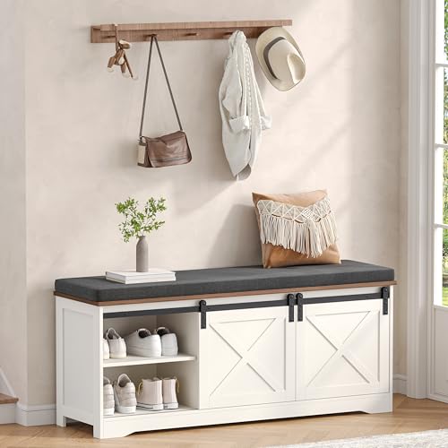 Farmhouse Shoe Storage Bench, Shoe Bench with Slide Barn Doors | 47.2" Entryway Bench with Cushion and Adjustable Shelves, for Bedroom, Closet, Living Room, Hallway, White