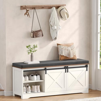 Farmhouse Shoe Storage Bench, Shoe Bench with Slide Barn Doors | 47.2" Entryway Bench with Cushion and Adjustable Shelves, for Bedroom, Closet, Living Room, Hallway, White