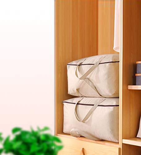 3pcs Cotton Clothes Bedding Storage Organizer Bins with Handles 3-side Zip | Breathable Canvas, Soft Storage Bins, Good for winter Clothes, Sweaters blankets, duvets, pillows Organizer, Beige, washable