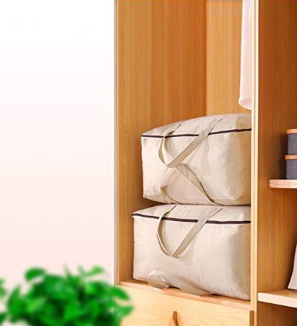 3pcs Cotton Clothes Bedding Storage Organizer Bins with Handles 3-side Zip | Breathable Canvas, Soft Storage Bins, Good for winter Clothes, Sweaters blankets, duvets, pillows Organizer, Beige, washable
