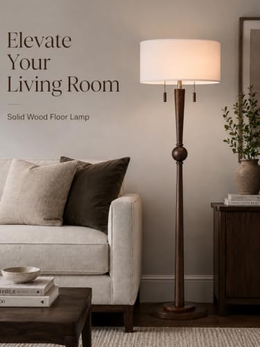 MOFFE Solid Wood Floor Lamp for Living Room,Pull Chains Standing Lamp | 62.8" Tall,17" White Drum Shade,Sculptural Wood Base & Stem,2-Light Design,Standing Lamp for Bedroom,2 Bulbs Included - color: Espresso Walnut
