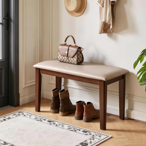 31.1" Solid Wood Bench with Tech Fabric Cushion, Upholstered Dining Bench | Heavy Duty Farmhouse Breathable Tech Fabric Solid Wood Frame Multi Use Dining, Entryway, Bedroom, Apartment