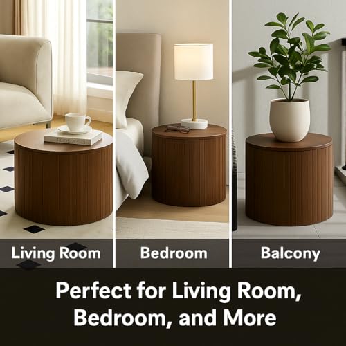 Round Nesting Coffee Table Set of 2, Wood Side Tables with Storage | Fluted Walnut Accent and End Tables Sets, Mid Century Modern, Living room, bedroom, office, small spaces - color: Walnut With Storage