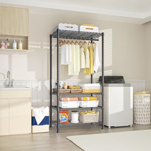 H2 Heavy Duty Clothes Rack, Freestanding 4 Tiers Garment Rack for Hanging Clothes with Shelves and Hangers, Closet Organizers and Storage Metal Closet Wardrobe System, Max Load 500 LBS, Black | Metal Closet System for Hanging Clothes with Shelves and Hang