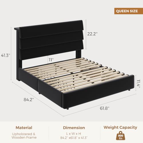 Jocoevol Black Queen Size Bed Frame with 2 Storage Drawers&Headboard Shelf | Velvet Upholstered Platform Bed with LED Lights & Charging Station, Wooden Slats Support, No Box Spring Needed - color: Black, size: Queen