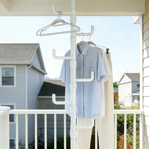 Floor to Ceiling Clothes Drying Rack, Adjustable Tension Pole Laundry Rack for Balcony. Vertical Coat Hanger Stand for Bathroom Bedroom, No Drilling Easy Install Space Saving (White) - color: White